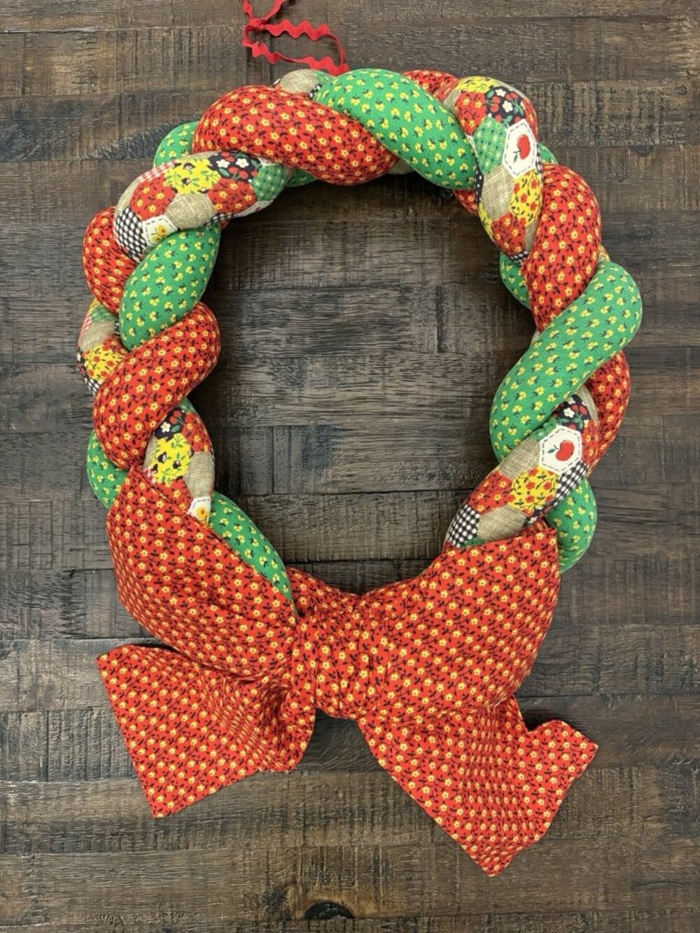 Vintage Large Handmade Braided Rope Hanging Wreath Red Yellow Green Cottage